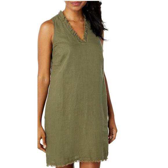 TOMMY BAHAMA TWO PALMS RUFFLE LINEN TEA LEAF SLEEVELESS DRESS; S - Picture 2 of 5